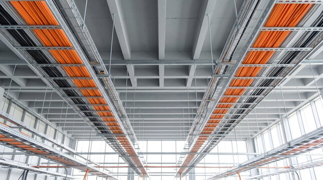 Industrial ceiling with metal cable trays and bundles of orange fiber optic cables in a data center.