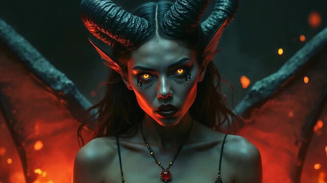 Demon woman with glowing orange eyes and dark horns. Scary fantasy creature with wings in fire. Dark supernatural sorceress in hell for horror movie concept.