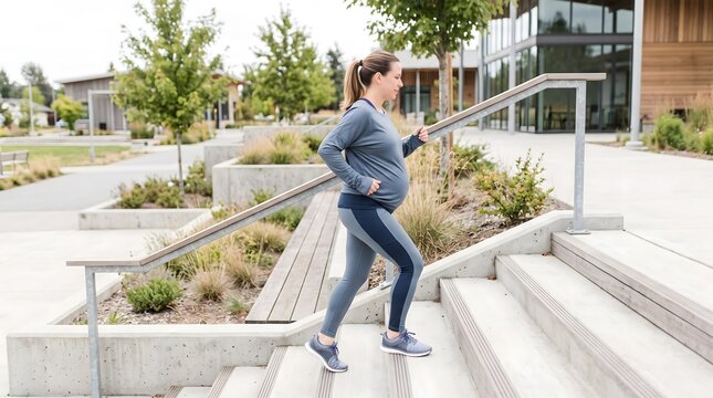 A pregnant woman in blue activewear walks up concrete stairs in a modern outdoor urban space.