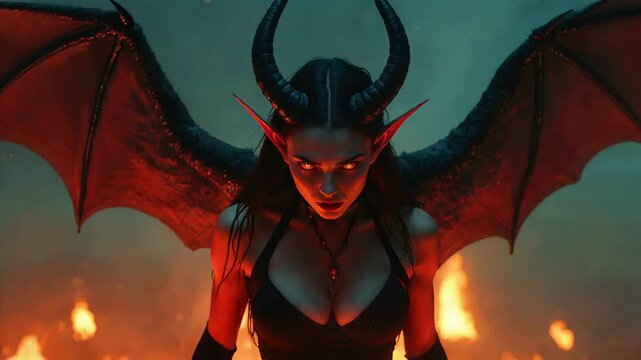 Succubus with horns and wings standing in fire. Dark fantasy woman with glowing eyes looking at camera. Mythical demon creature in underworld scenery concept.