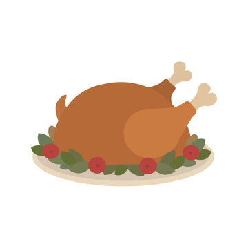 Roasted turkey dinner icon. Traditional Thanksgiving and Christmas holiday food with cooked turkey and cranberry decoration. Flat vector illustration isolated on white background.