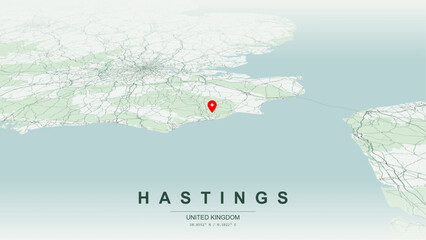 Modern minimalist vector map of Hastings, East Sussex, England. High-quality scalable illustration of Hastings geographic boundaries along English Channel coastline for posters design. © AliRza