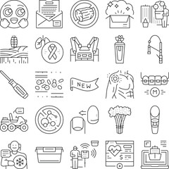 Fototapeta premium Collection of outline icons illustrating a broad range of concepts, including technology, medical, business, agriculture, education, and social issues, useful for website or app design