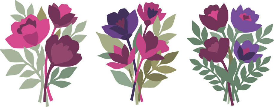 Flat style floral bouquet vector set featuring dark pink purple peony and rose flower blossoms with green leaves arrangements