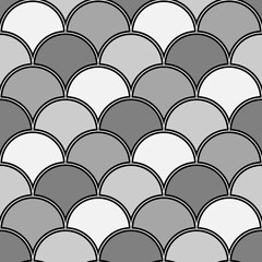 Fish scale wallpaper. Asian traditional ornament with repeated scallops. Repeated white curves on black background. Seamless surface pattern design with semicircles. Grid motif. Digital paper. Vector © funkyplayer
