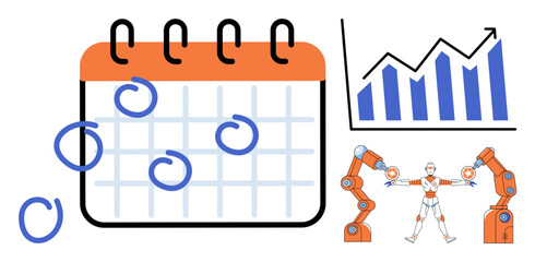 Obraz premium Calendar with marked dates, growth chart, and industrial robot vector illustration. Productivity, automation, manufacturing, scheduling, efficiency, technology. Planner with circles and robotic arms