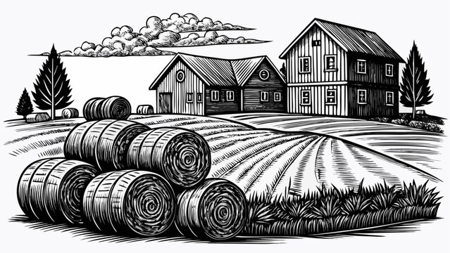Very beautiful black and white realistic vector illustration of the NORMANDY STRAW BALES featuring neatly stacked hay bales, open farmland, rustic barns, rolling countryside and elegant engraved rural