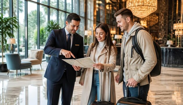 Hotel receptionist assisting a young couple with check-in at a luxury hotel lobby.