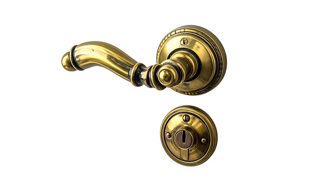 Ornate antique brass door handle set with intricate detailing, classic hardware for vintage doors, locksmithing element, isolated on white