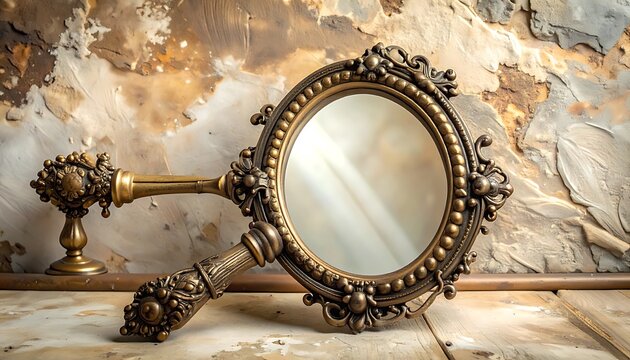 ornate antique hand mirror with ornate handle and frame, set against a textured, weathered wall and wooden surface