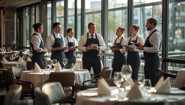Professional restaurant staff in briefing before service in upscale dining room.