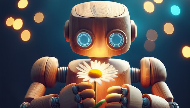 wooden robot holds a glowing daisy symbolizing warmth and kindness