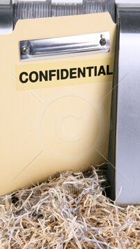 Vertical stock photo, manila folder labeled CONFIDENTIAL sitting dangerously close to an active paper shredder