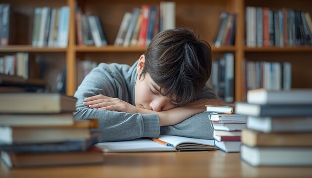 Exhausted Student Sleeping on Desk in Library Surrounded by Books.