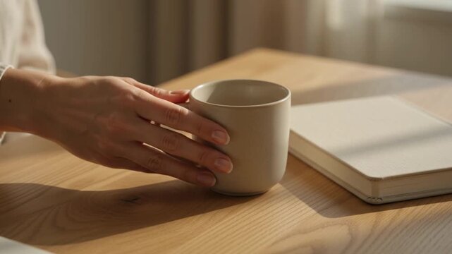 Minimalist warm aesthetic woman hand setting down coffee cup on natural oak desk with linen journal soft morning light copy space