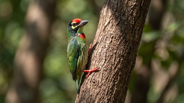 Coppersmith Barbet (Psilopogon haemacephalus) Perched on a Tree Branch &ndash; Vibrant Tropical Forest Bird
