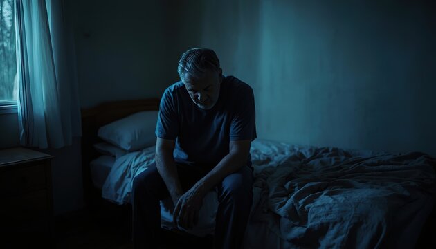 Depressed middle aged man sitting on bed in dark bedroom at night.