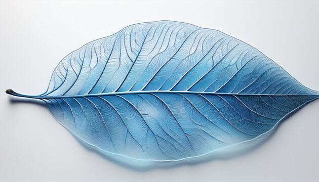delicate translucent blue leaf skeleton with intricate veins on white background calm and fragile mood