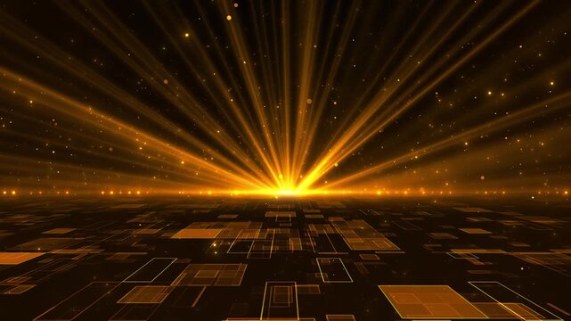 Radiant golden beams rise from a bright horizon above a futuristic geometric floor with glowing panels. Ideal for innovation intros, AI technology launches, achievement themes, and cinematic openings.