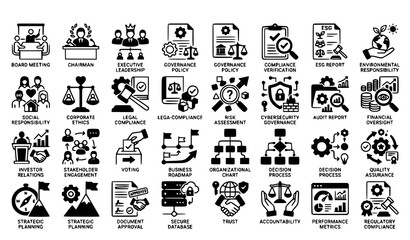 Obraz premium Corporate Governance and ESG Outline Icons with Editable Stroke for Compliance Risk Management and Executive Leadership