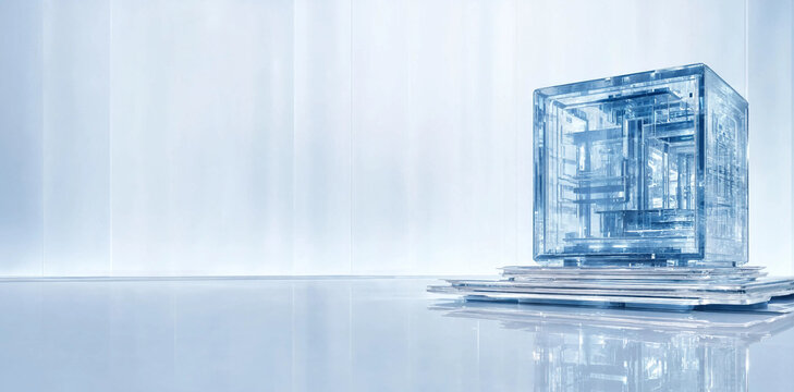 Transparent glass cube with glowing circuitry inside resting on a reflective surface technology abstract innovation transparent electronics hardware computer information structure