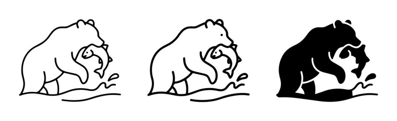 Fototapeta premium Bear Catching Fish Vector Icons, Wildlife Hunting Silhouette, Nature Scene Graphics