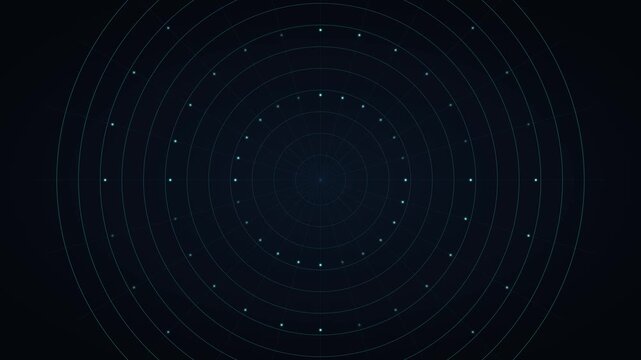 Digital radar interface with pulsing glowing dots and concentric circles for futuristic technology and data visualization animation 4k