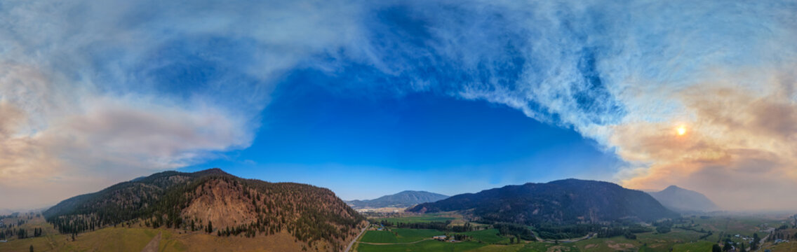 Panoramic Aerial View of Valley, Mountains and Forest Fire Smoke in Merritt, British Columbia, Canada