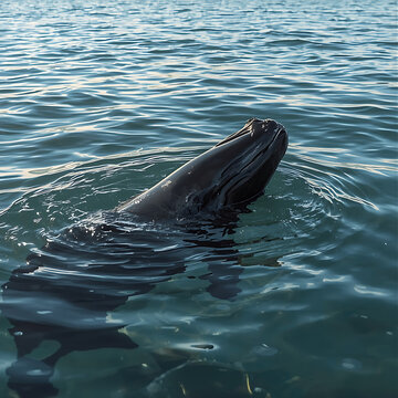 Southern right whale surfacing in ocean. Large marine mammal swimming in deep blue water.