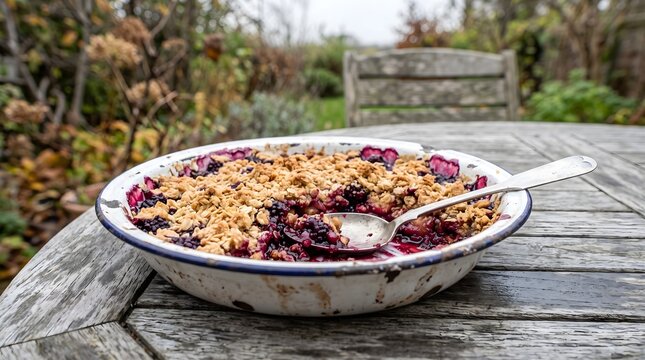 A rustic blackberry and apple crumble in a chipped enamel dish on a weathered garden table.