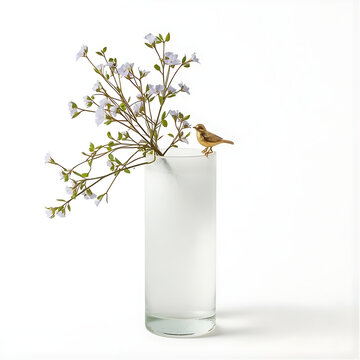 Spring flowers in glass vase with bird. Floral arrangement isolated on white background.