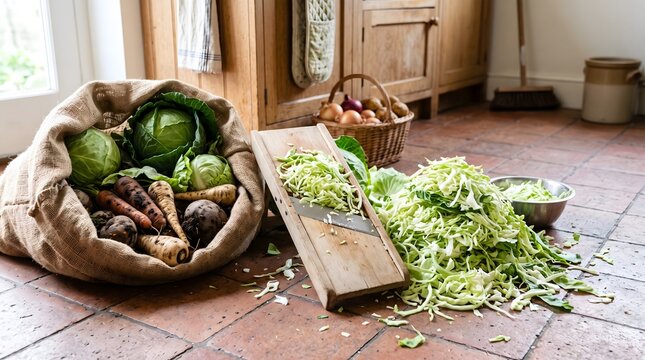 A sack of fresh autumn cabbages and root vegetables on a rustic kitchen floor next to a wooden mandoline and shredded cabbage.