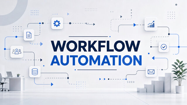 Modern blue and white workflow automation concept with connected business icons, bold typography, office elements, and digital process lines.