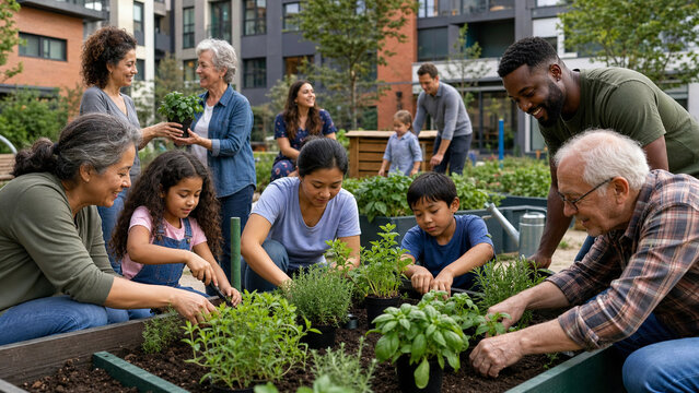 Diverse neighbors of all ages plant herbs together in raised garden beds, sharing a joyful community activity in a modern residential courtyard.