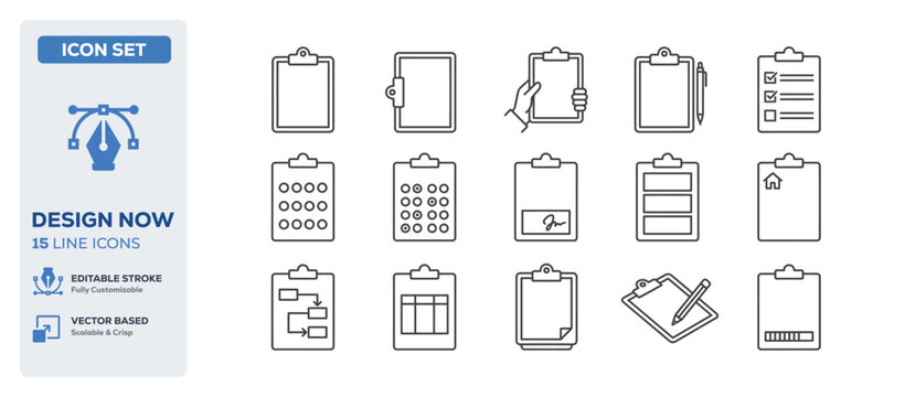 flat vector illustration line art icon bundle set design representing office stationery document folders clipboards paper test checklist writing tools checking lists graphic