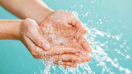 Fototapeta premium Hands catching clear water splashing, depicting freshness, hygiene, and natural skincare against a turquoise background
