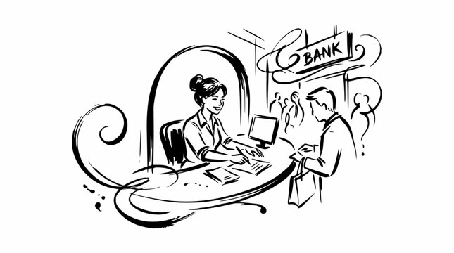 Bank teller sketch assisting customer at service counter.