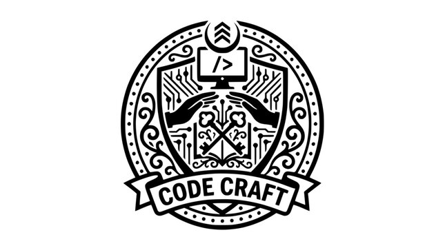 Ornate circular code craft emblem with hands and screen.