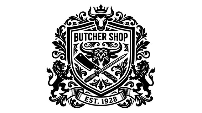 Butcher shop vintage heraldic crest with bull and knives.