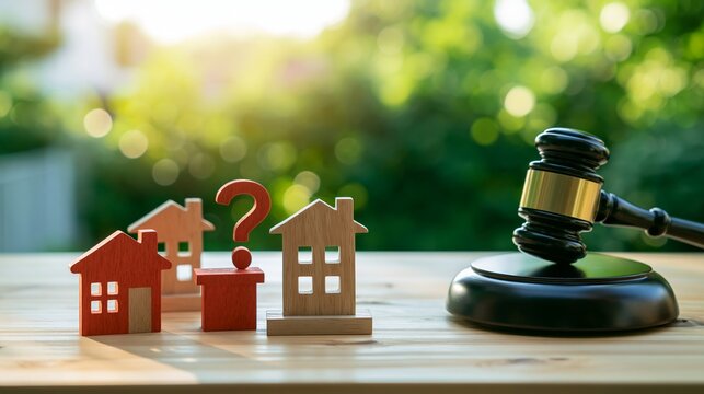 Judge gavel standing beside miniature house icons and question mark, symbolizing property disputes and legal decisions