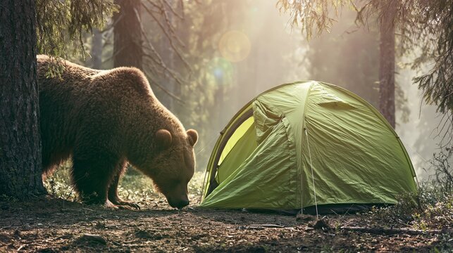 Curious brown bear investigating green camping tent in sunlit forest, depicting wilderness adventure and risk