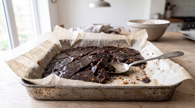 Dark treacle toffee set in a lined baking tin and cracked into shards with the back of a spoon on a kitchen worktop