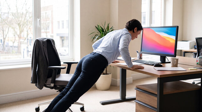 An office worker does incline press-ups against a desk with a jacket over the chair and the monitor still switched on