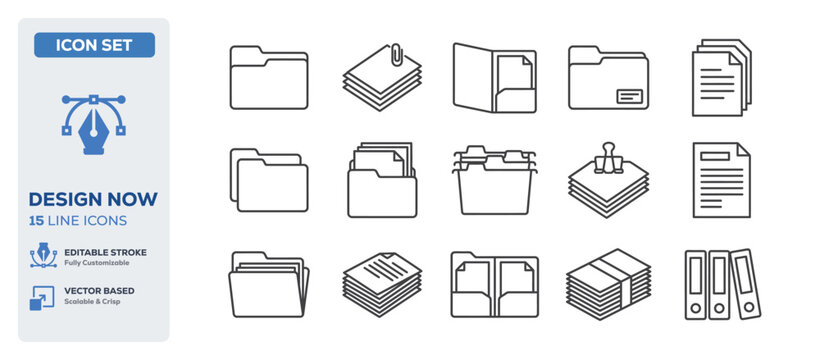 flat vector illustration line art icon bundle set design depicting file folders management digital documents paper archiving storage organization and data layout UI apps