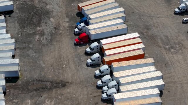 Aerial view of semi trucks parked at a truck stop depot.