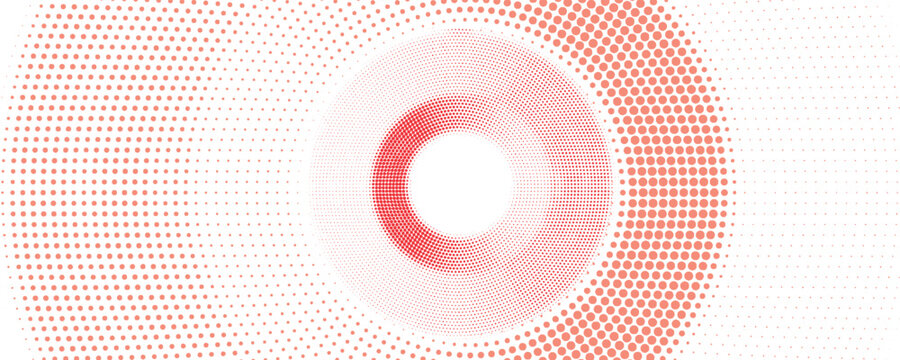 Abstract red halftone radial circle pattern with dotted burst effect on white background for modern design