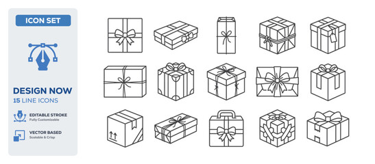 Fototapeta premium flat vector illustration line art icon bundle set design representing holiday gifts birthday presents surprise packages celebration ribbons delivery boxes and rewards UI