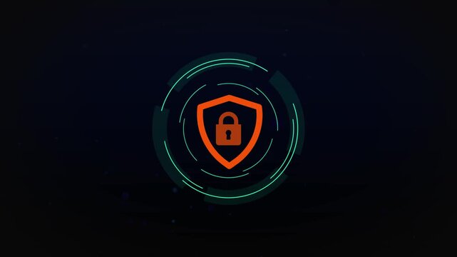 Orange digital shield icon data security animation a with a padlock, pulsating with circular rings in a digital environment padlock cyber protection privacy technology