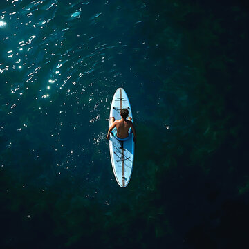 Man paddle boarding on deep blue ocean. Aerial view of person on a stand up paddle board.