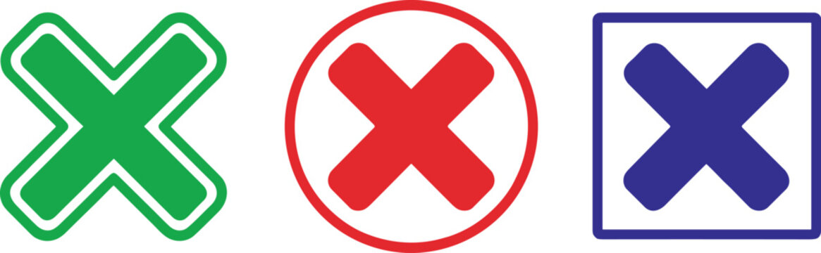 Cross mark icon set featuring green red and blue rejection wrong false cancel and delete symbols